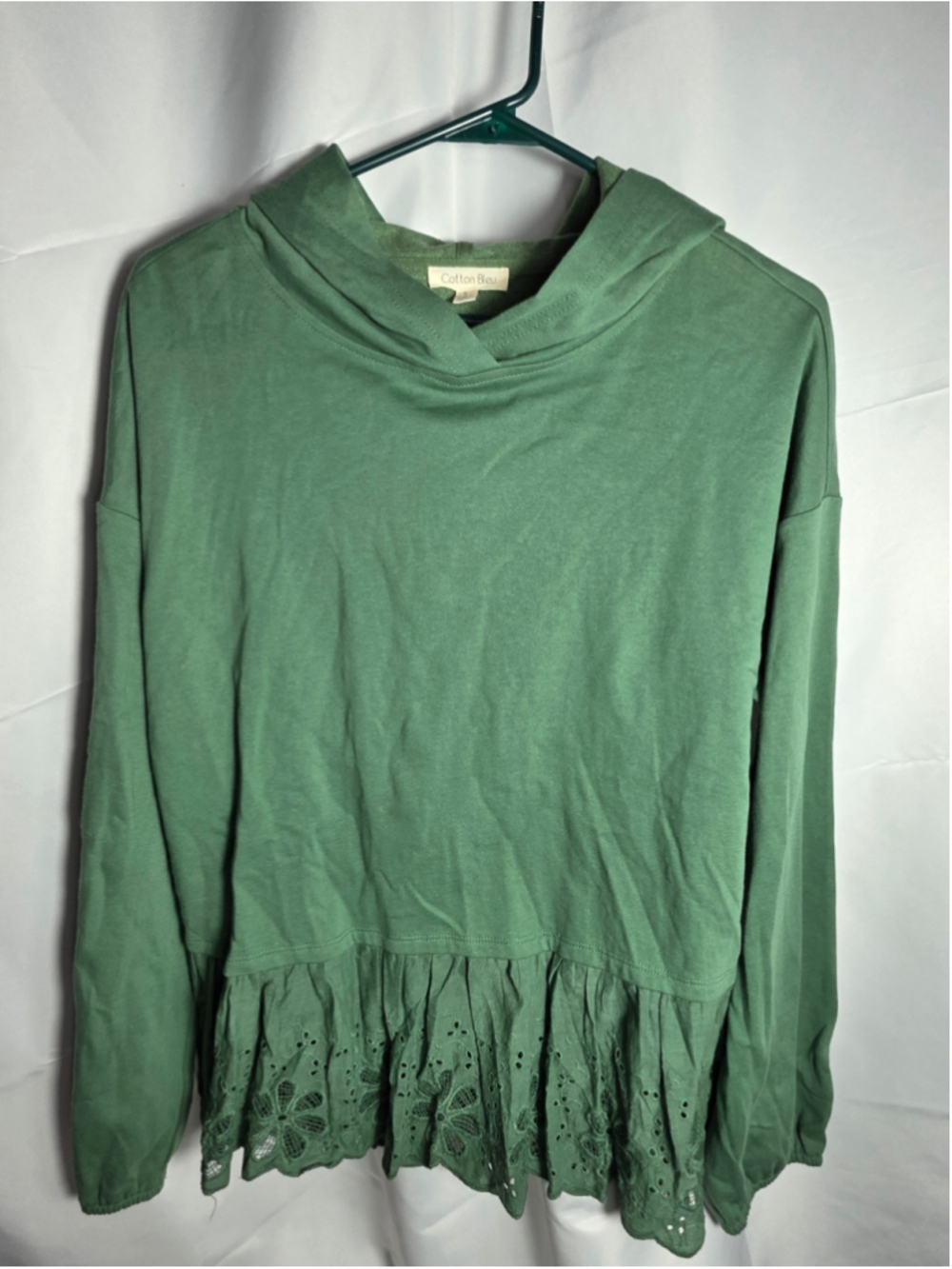 Women's Cotton Bleu Green Hoodie Sweatshirt with Eyelet Hem, Size S fairycore
